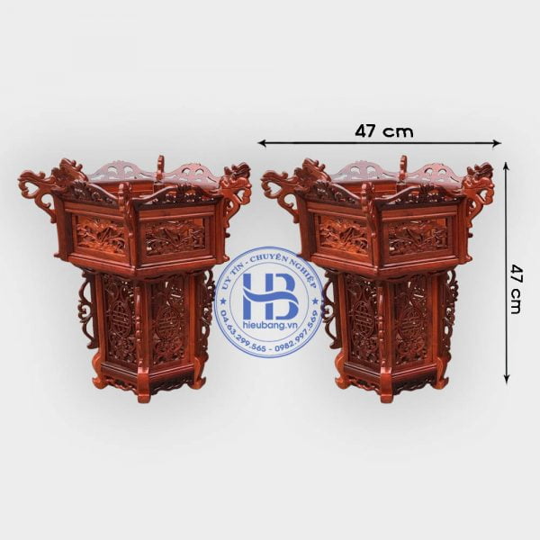 Cặp đèn lồng khung treo gỗ Hương 47cm 3 tầng đục hoa lá tây